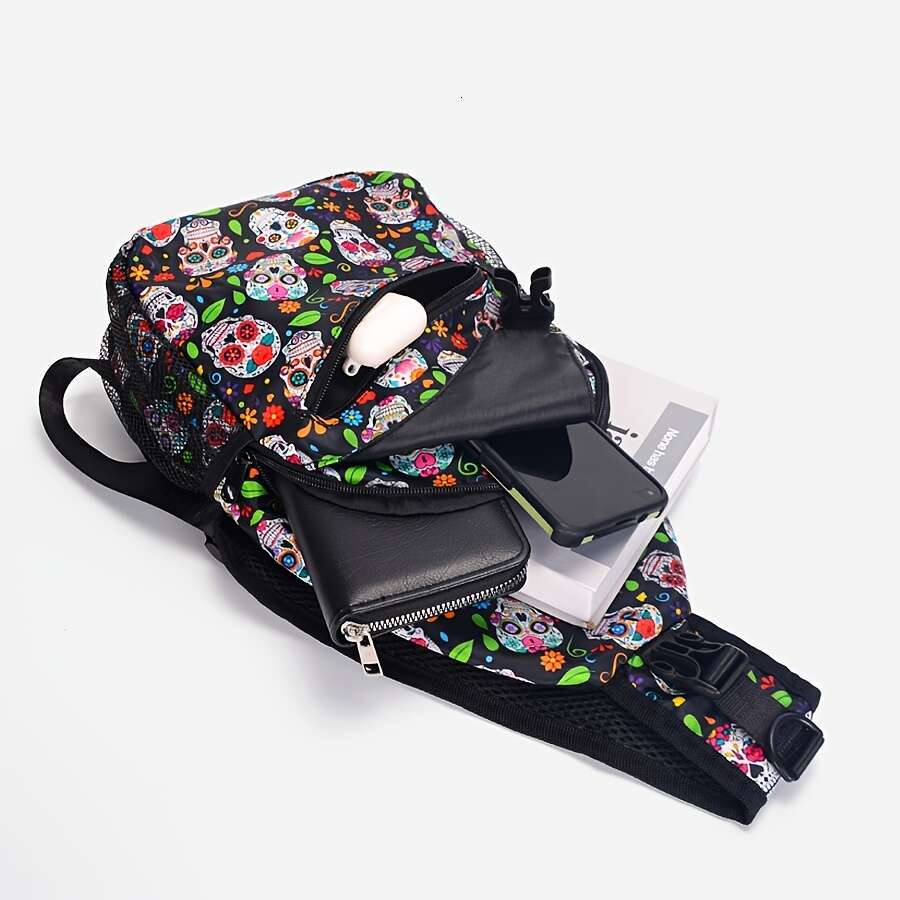 Fashion Skull Printed Chest Crossbody Large Capacity Shoulder Bag, Hiking Running Cycg Travel Messenger Bag .