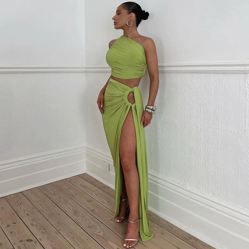 Autumn Winter One Shoulder Backless Crop Top Tanks and Long Split Skirt Two Piece Matching Sets Women Sexy Club Party Outfits 240329