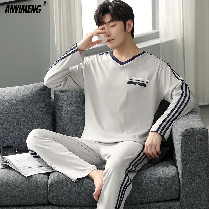 Boys Plus Size Pajama Set Solid Round Neck Knitted Cotton Pijamas Sets for Men 4XL Pijama Autumn Winter Casual Mens Sleepwear 241111