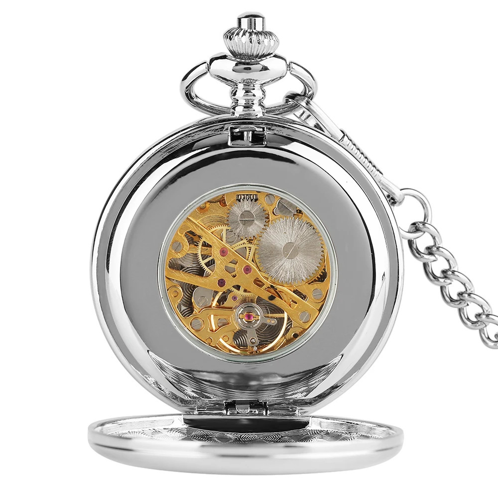 ly arrived silver smooth double full hunter shell steampunk skeleton dial mechanical pocket watch with chain gift 241108
