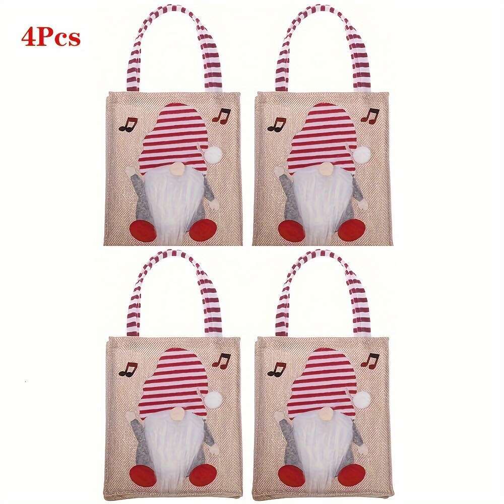 Christmas Set of 4 Decoration Gnome Gift - Cute Portable Faceless Doll Design, Burlap Candy for Christmas Favors, Unique Gifts, Reusable Shopping and 