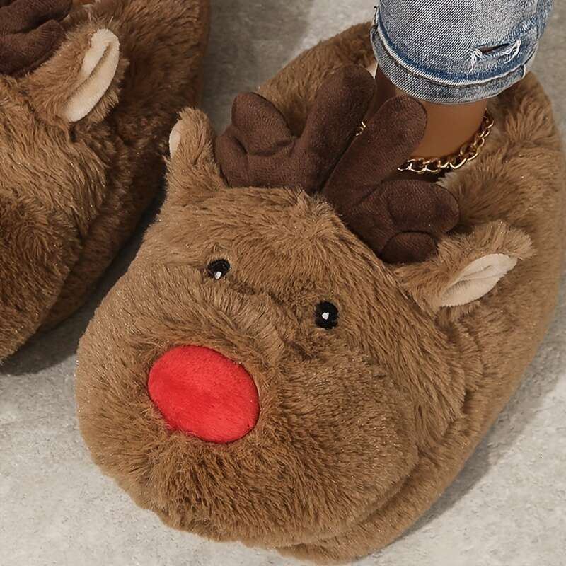 Christmas Comfortable Plush ed Cute Cartoon Deer Design Slippers, Casual Slip On Indoor Home Christmas Shoes