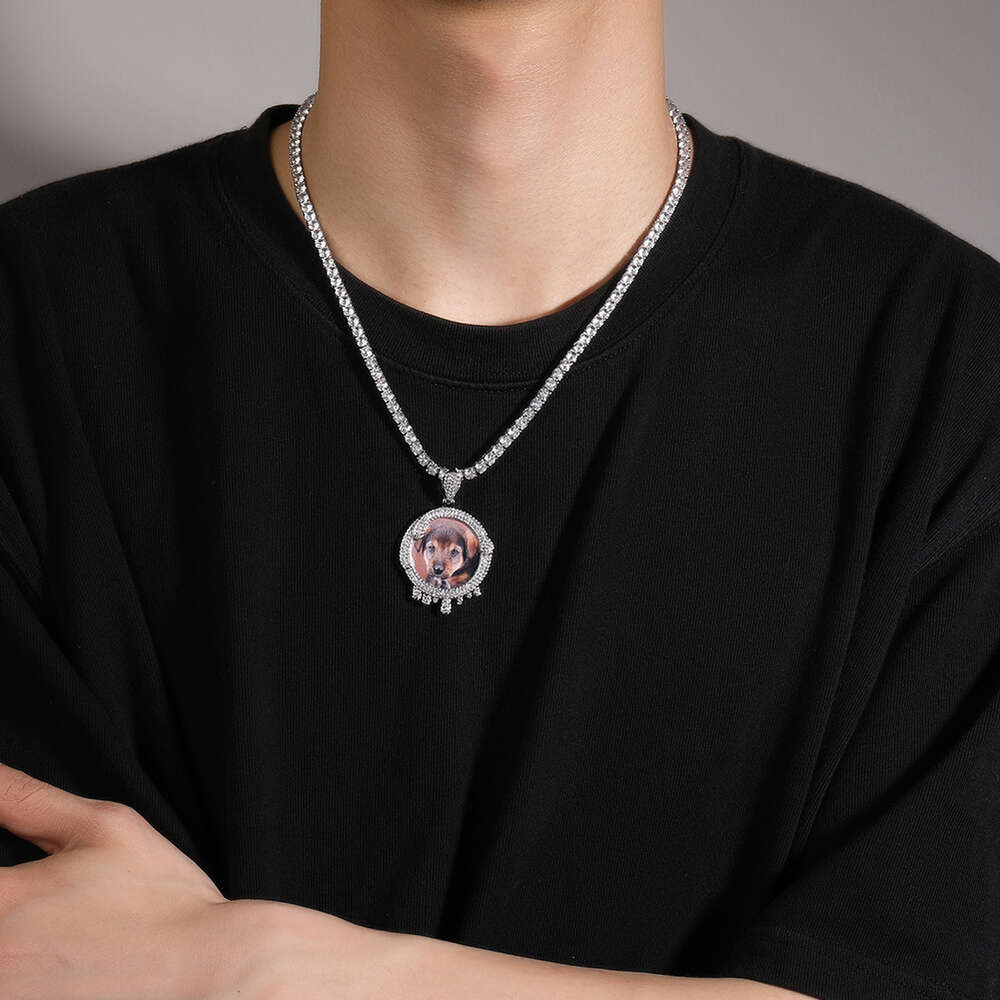 Top Quality Hip Hop Gold Round Water Drop Diy Photo Pendant Neckjlace For Men And Women Custom Photo Unisex Copper Diamond Memorial Frame Couple Jewel