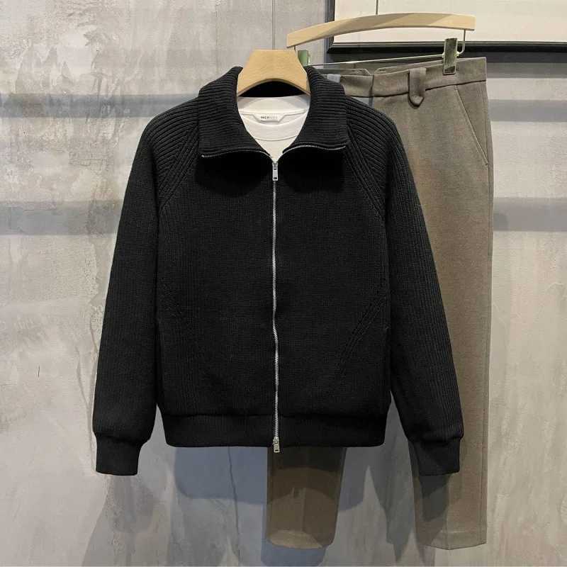 High Quality Mens clothing black high neck jacket cardigan knitted sweater mens zipper jacket large-sized vintage Korean style top T241111