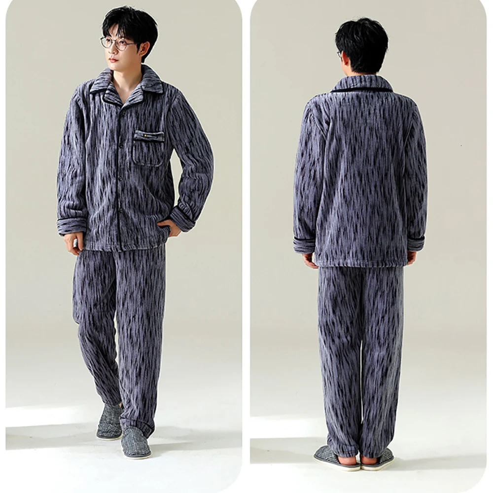 Mens Winter Thicken Flannel Plus Plush Double Warm Sleepwear 3XL Big Size Pajamas Casual Comfortable Soft Sriped Pajama Sets 241111