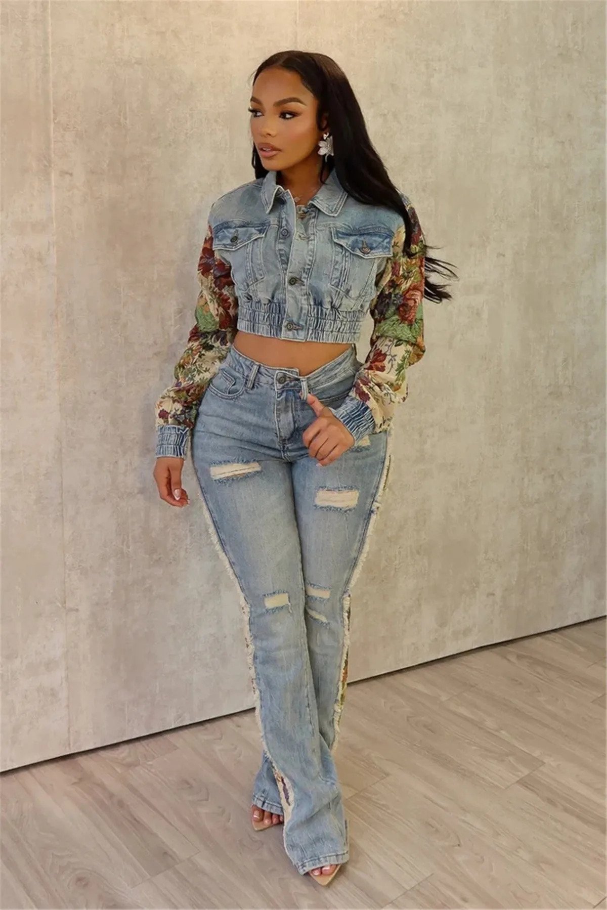 Denim Outfit Women Floral Patchwork Full Sleeve Button Fly Cropped Jacket Ripped Jeans Pants Two Piece Set Streetwear Trackuit 241111