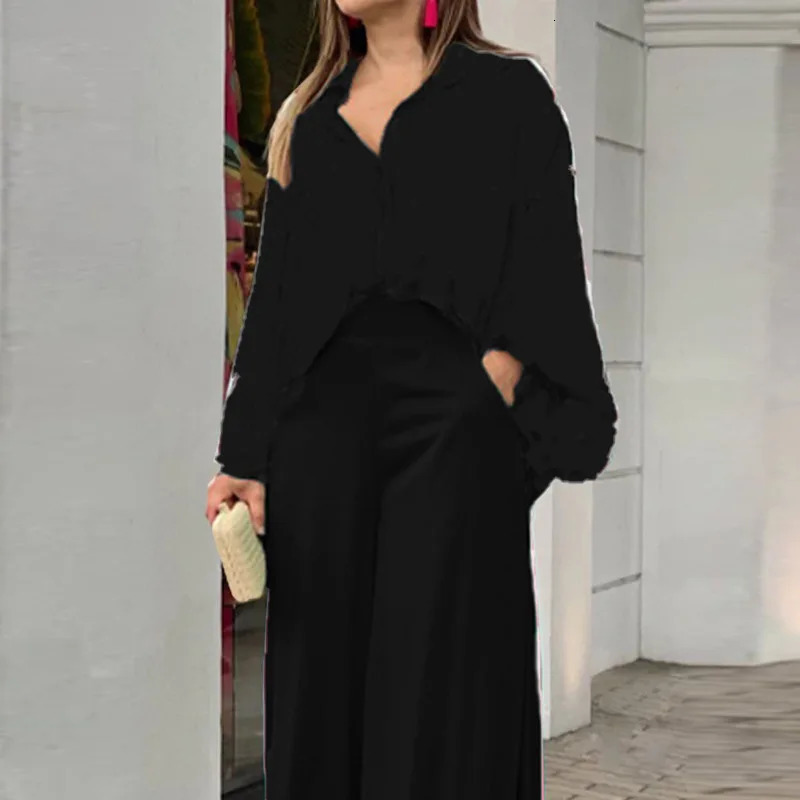 Plus Size Print Womens Set Long Sleeve Shirt Tops and Straight Wide Leg Pants Elegant Tracksuit Two 2 Piece Fitness Outfits 240329