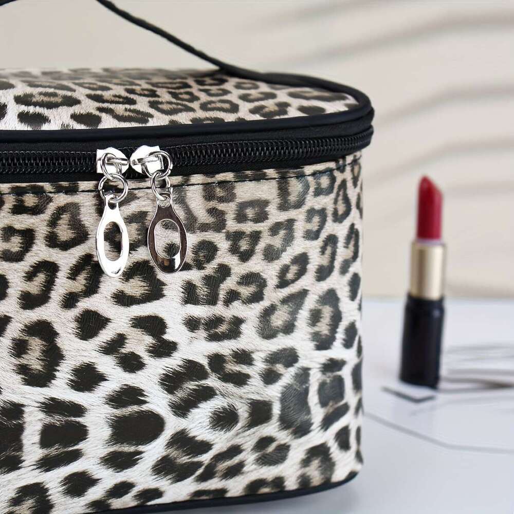 Large Capacity Leopard Print Cosmetic Bag Spacious Square Pouch Organizer with Stylish Makeup Storage Convenient Handle - Perfect for Daily Home Use a