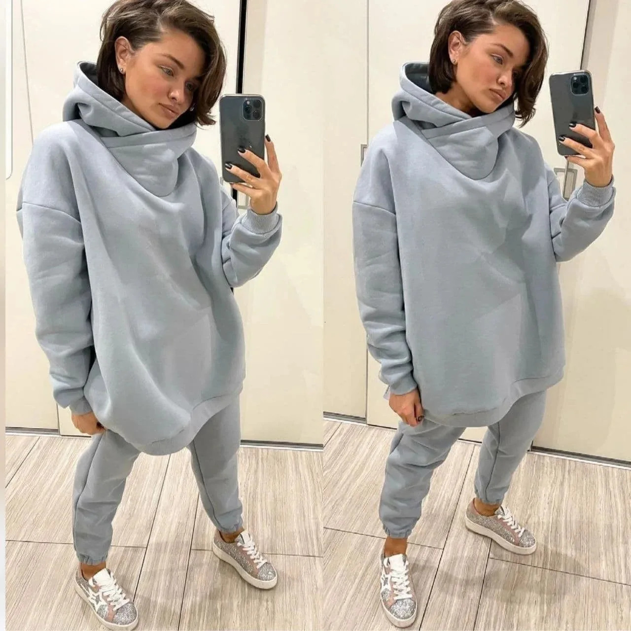 Winter Womens Tracksuit Two Piece Sets Solid Long Sleeve Hooded Running Sports Suit Warm Hoodie Sweatshirts Pant 241111