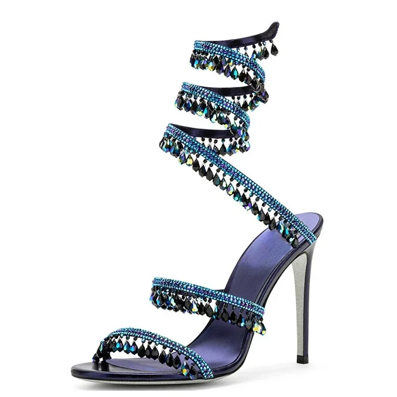 Women's Brand Serpentine Winding Tape Crystal Sandals High Heel Ankle Snake-shaped Lace-ups Sexy Rhie Woman's Shoes 34-43 9461