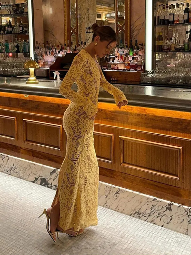 Sexy Deep V Neck Long Sleeve Lace Dress Women Fashion Hollow Out High Waist Maxi Dresses Lady Evening Party Dresses Vestidos 241111