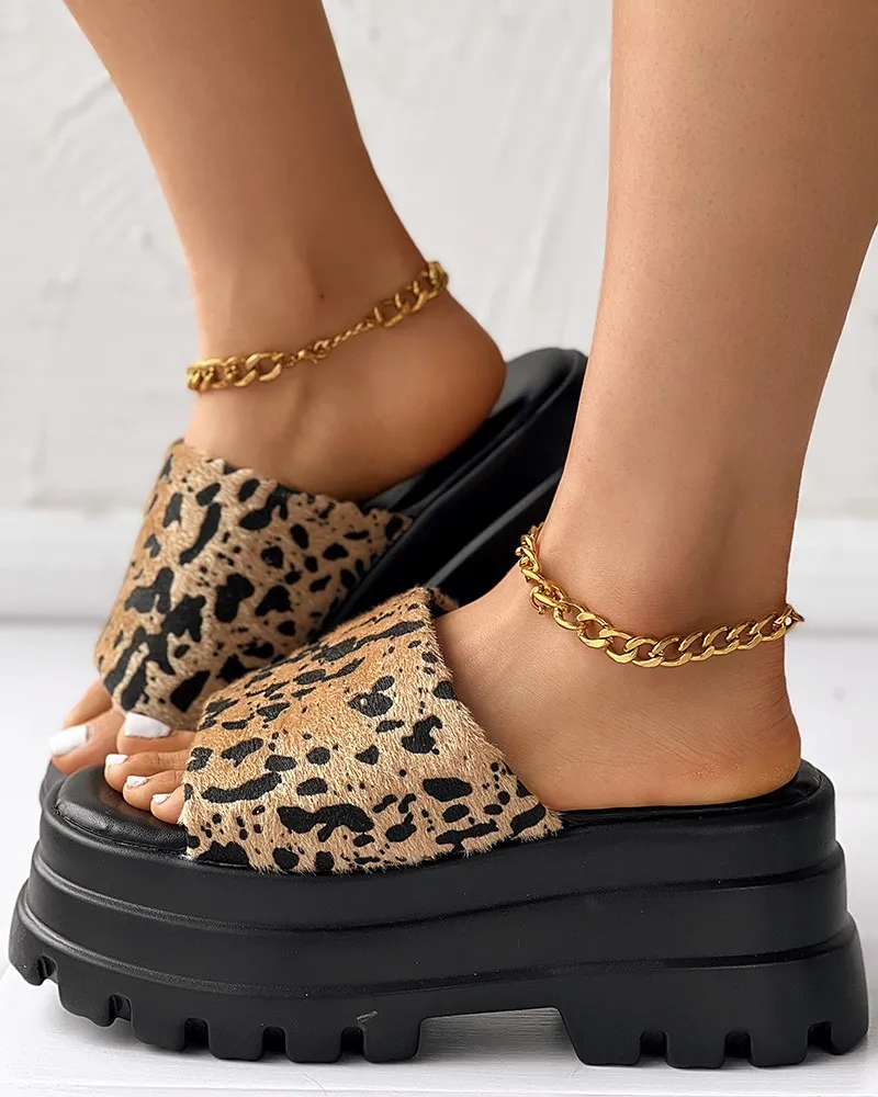 Slippers Women Leopard Wide Strap Platform Summer Brand New Single Band Platform Sandals Chunky Platform Wedges Slipper Sandals