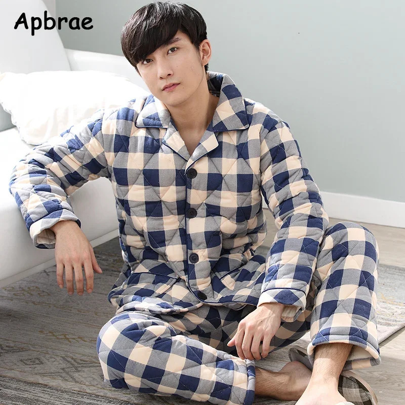 Deep Blue Pajama Sets Winter Thick Sleep Tops Nightwear Plus Size L3XL Loungewear Three Layer Cotton Sleepwear for Men 241111