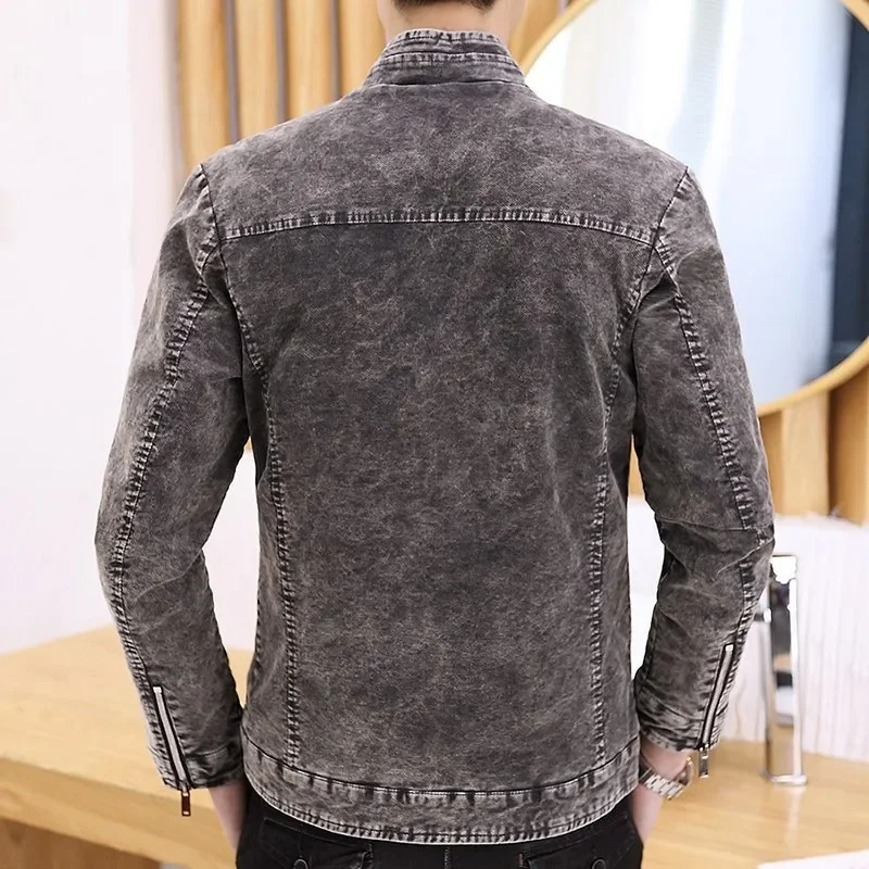 autumn mens stand up collar denim jacket fashionable retro motorcycle jacket mens long sleeved zipper casual tight jeans jacket 241108