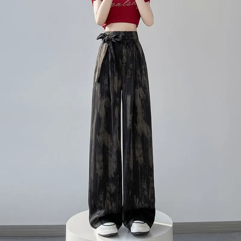 Women Satin Vintage Laceup Elegant Wide Leg Pants Y2K Female Chic High Waist Loose Straight Trousers Pantalones 241108