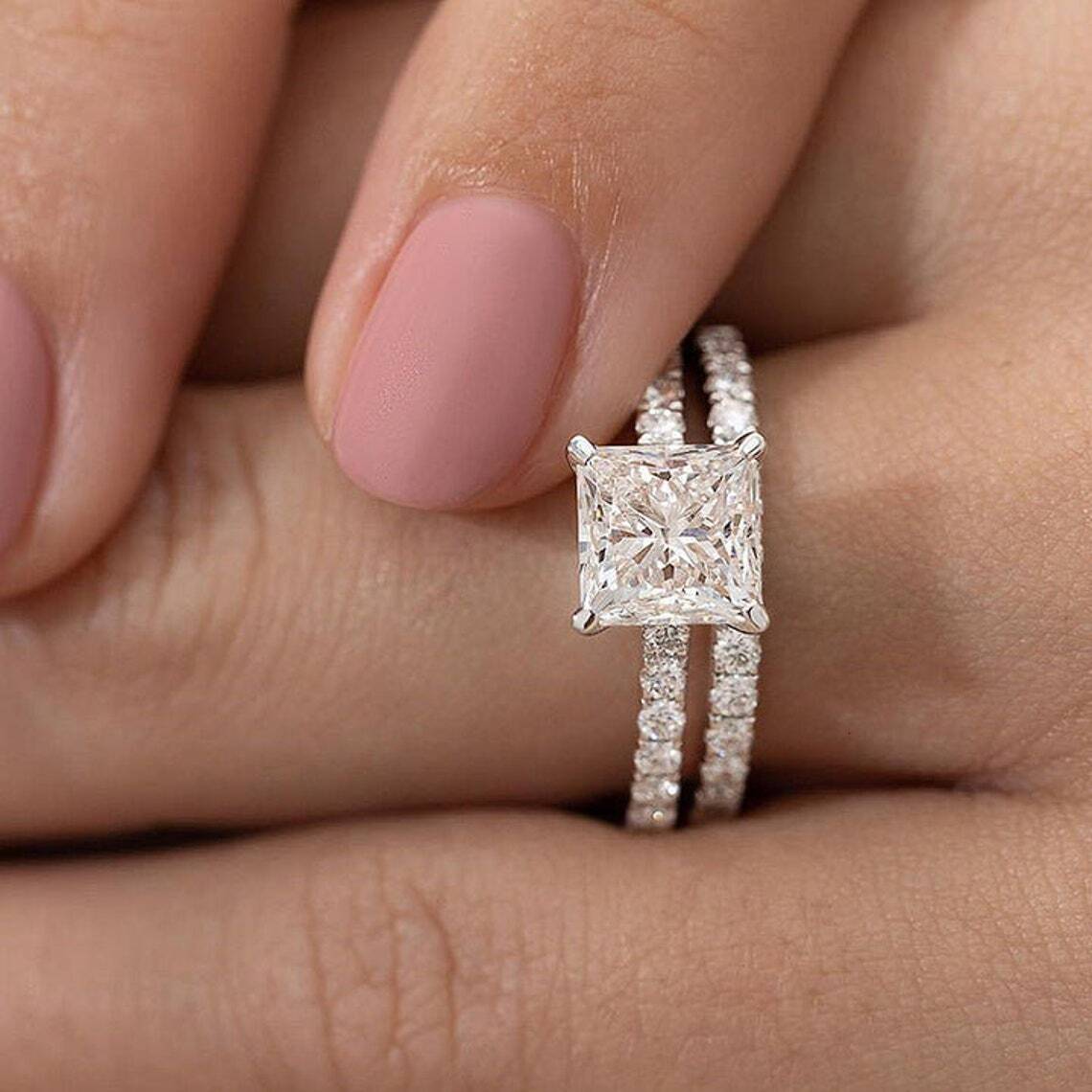 Metal 7.00 MM Colorless Princess Cut Moissanite Dia Engagement Bridal Ring Set for Wedding Fine Jewelry gorgeous