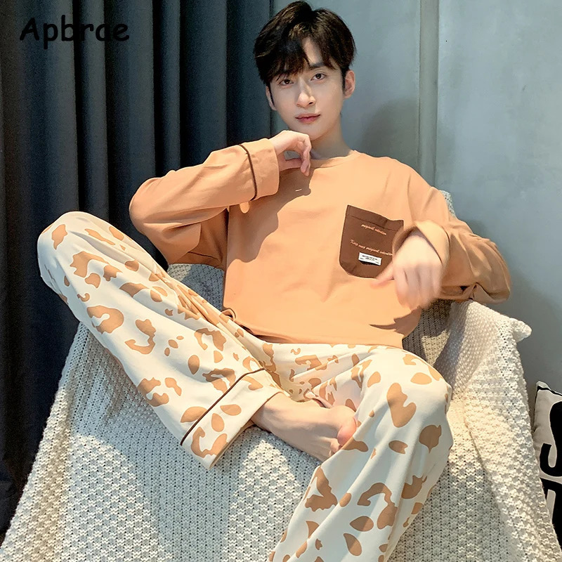 100% Pure Cotton Pajamas for Men Autumn Winter Fashion Oneck Pajama Long Sleeved Full Pants Sleepwear Plus Size L3XL Homewear 241111