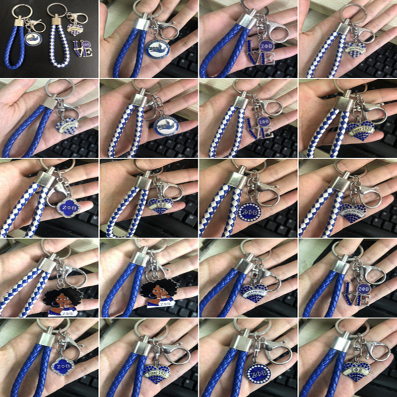 1Pcs Zeta Phi Beta Charm Crystal Pearl Braided Leather Keychain OKC28 DIY Fraternity Sorority Greek Bag Car Accessory KeyRing