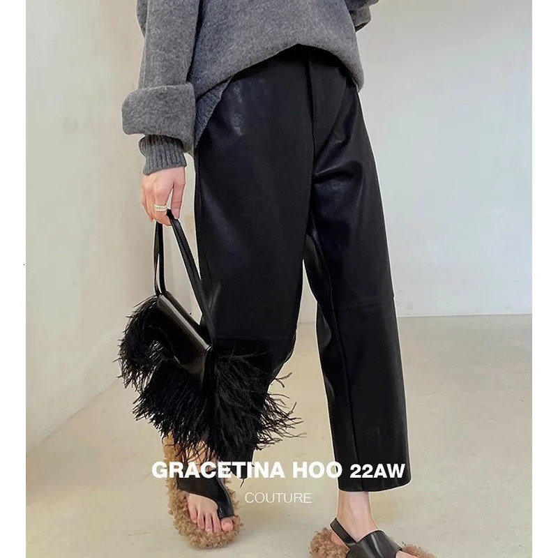 Autumn Winter High Waist Streetwear Fashion Vintage PU Leather Pant Loose Casual Harajuku Y2K Allmatch Straight Trousers 241108