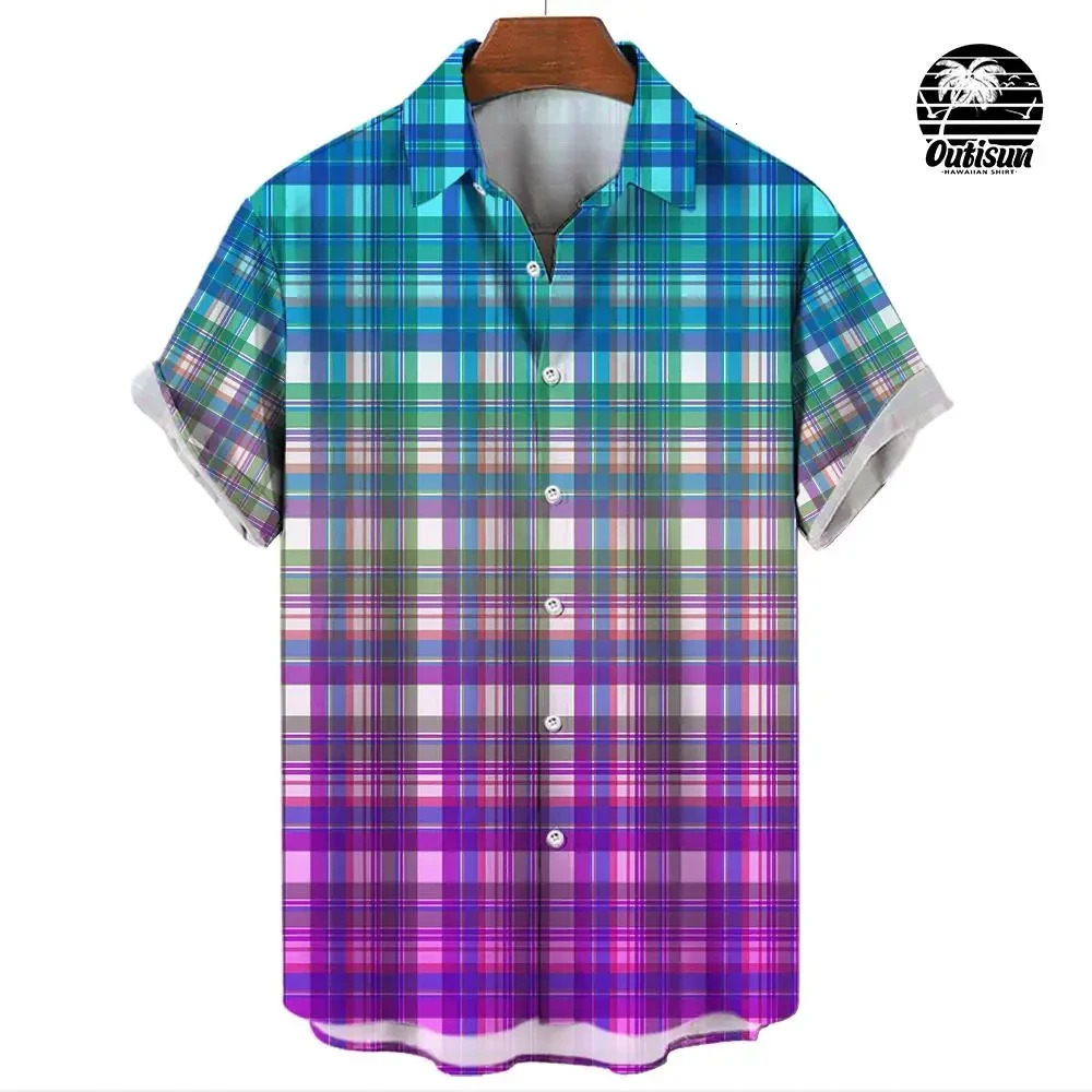 Summer fashion plaid rainbow print mens short sleeved casual shirt Pride Month party clothing street trend party excessive 241111