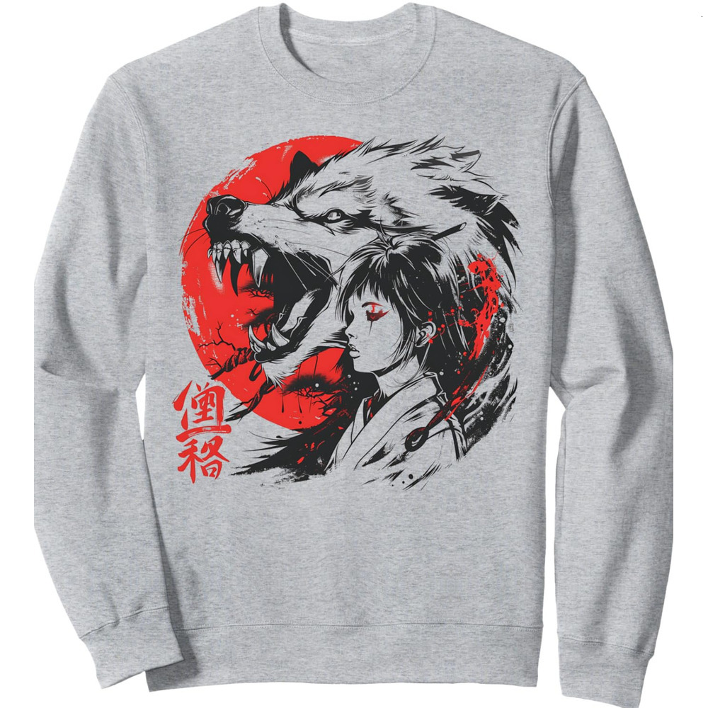 Long Sleeve Shirts for Men sweatshirt Japanese Anime Wolf Girl Red Sun Graphic Design Sweatshirt T shirt Tee Streetwear Casual tops clothes
