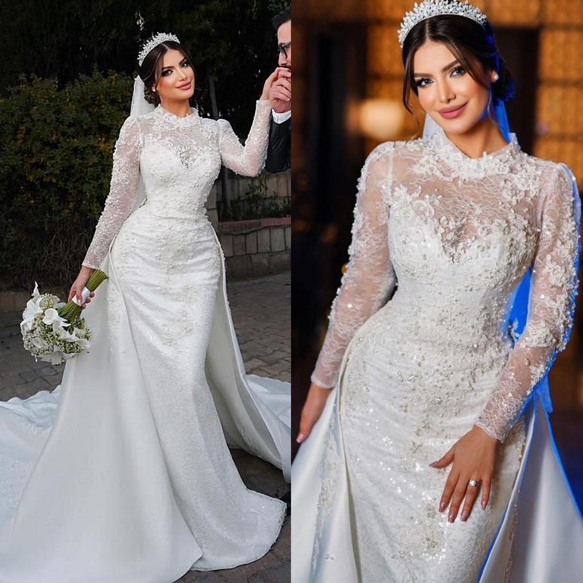 urious Arabic Dubai Lace Mermaid Wedding Dresses With Detachable Skirt Pearls Beaded Long Sleeves Elegant Ivory Bridal Gowns Chapel Train Church Vesti