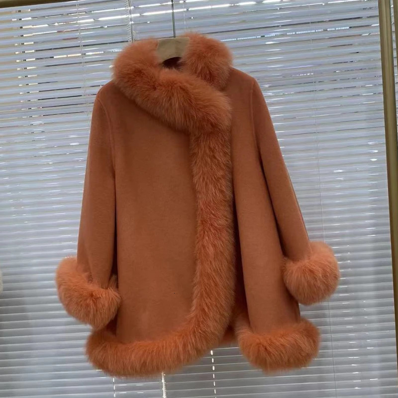 2024 Real Fur Coat Winter Jacket Womens Natural Fox Fur Collar Warm Cashmere Wool Womens Coat 241111