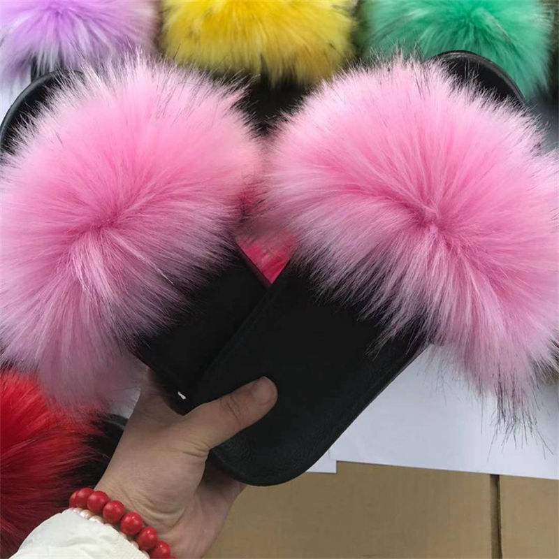 Faux Fur Slippers Women Home Fluffy Flat Slides Comfort Furry House Shoes Winter Sweet Shoes Female Slipper Indoor Flip Flops