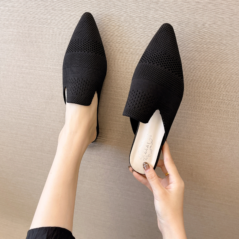 Summer Women Yellow Black Knitted Mules New Elegant Mesh Breathable Med Heel Slippers Closed Toe Slides Party Shoes 82e