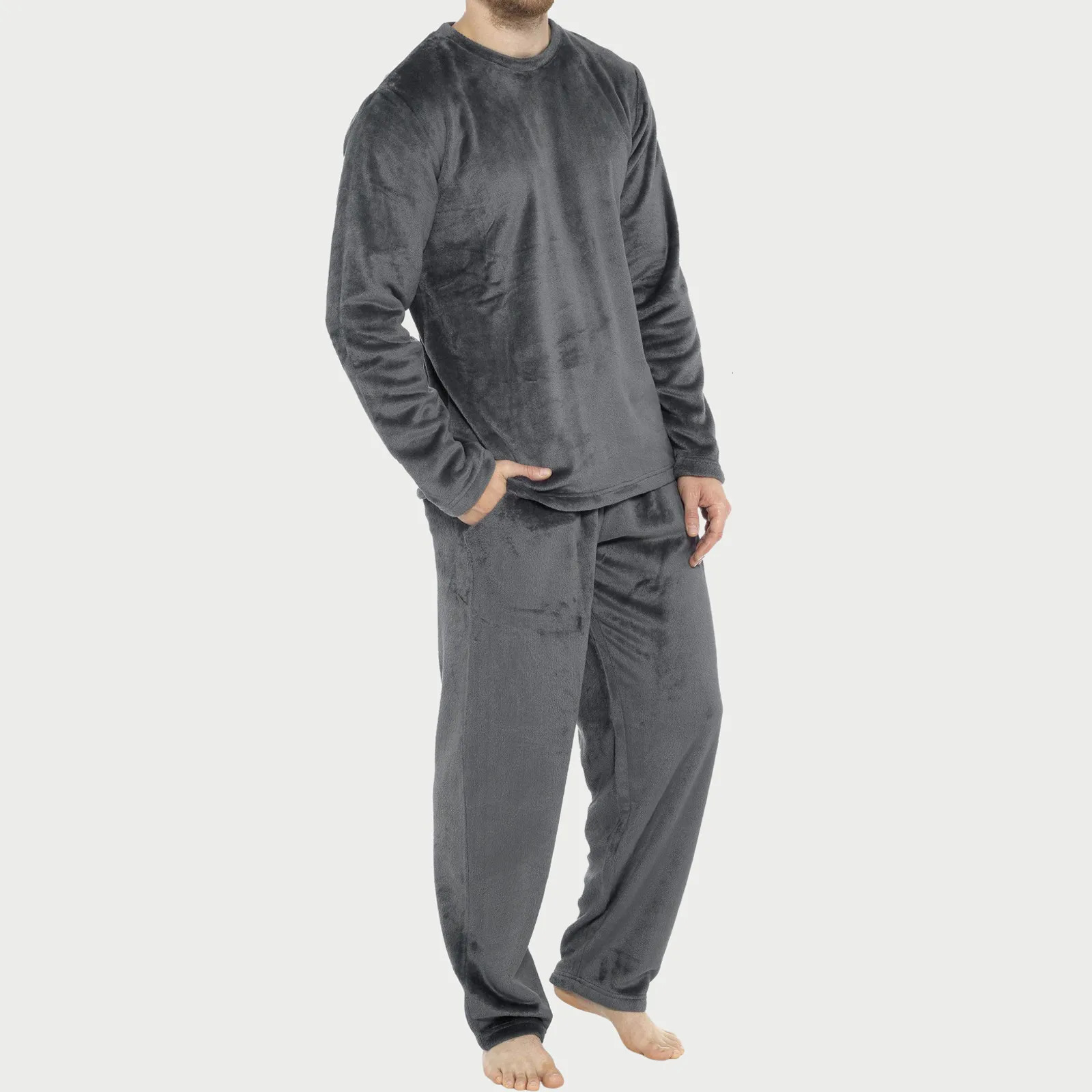 Flannel Men Winter 2 Piece Pajama Set Leisure Soft Home Solid Color T Shirt Top And Pants Fleece Sleepwear Warm Pyjamas 241111