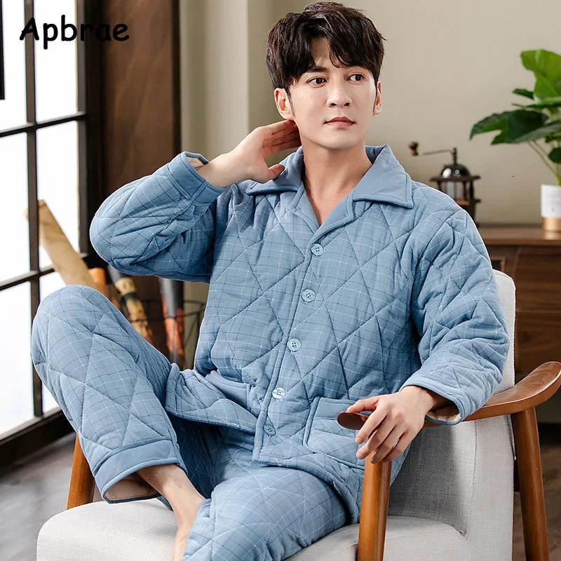 Deep Blue Pajama Sets Winter Thick Sleep Tops Nightwear Plus Size L3XL Loungewear Three Layer Cotton Sleepwear for Men 241111