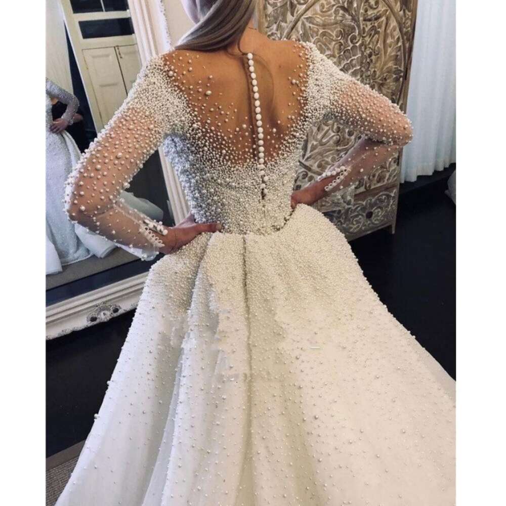 Mor Pearl Detachable Train Sheer Neck Long Sleeves Fashion Elegant Bride 2023 Bridal Gown Arabic Romantic Wedding Dress
