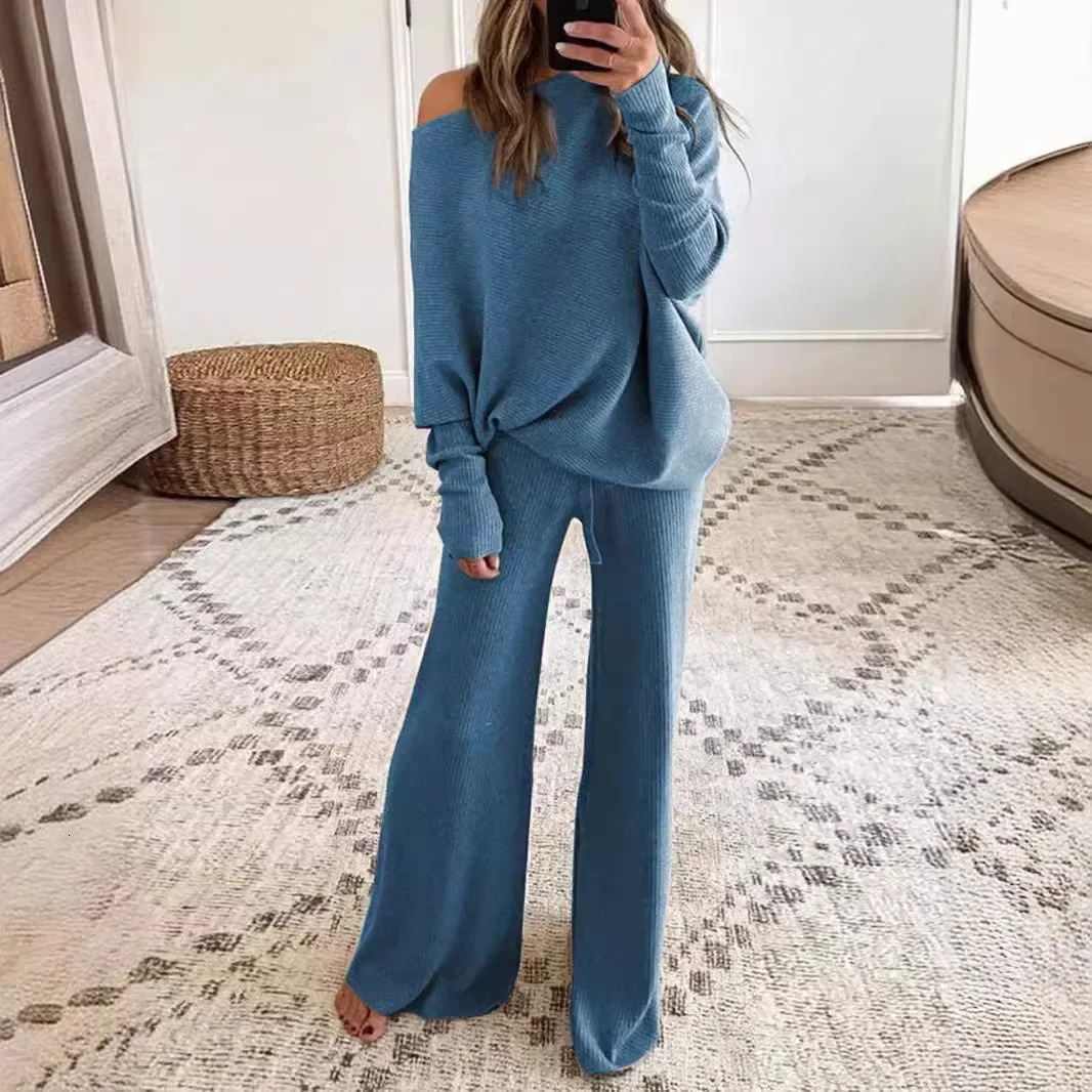 Womens 2pcs Clothes Set Solid Color Round Neck Long Sleeve Casual Top Loose Wide Leg Pants Home Wear 241111
