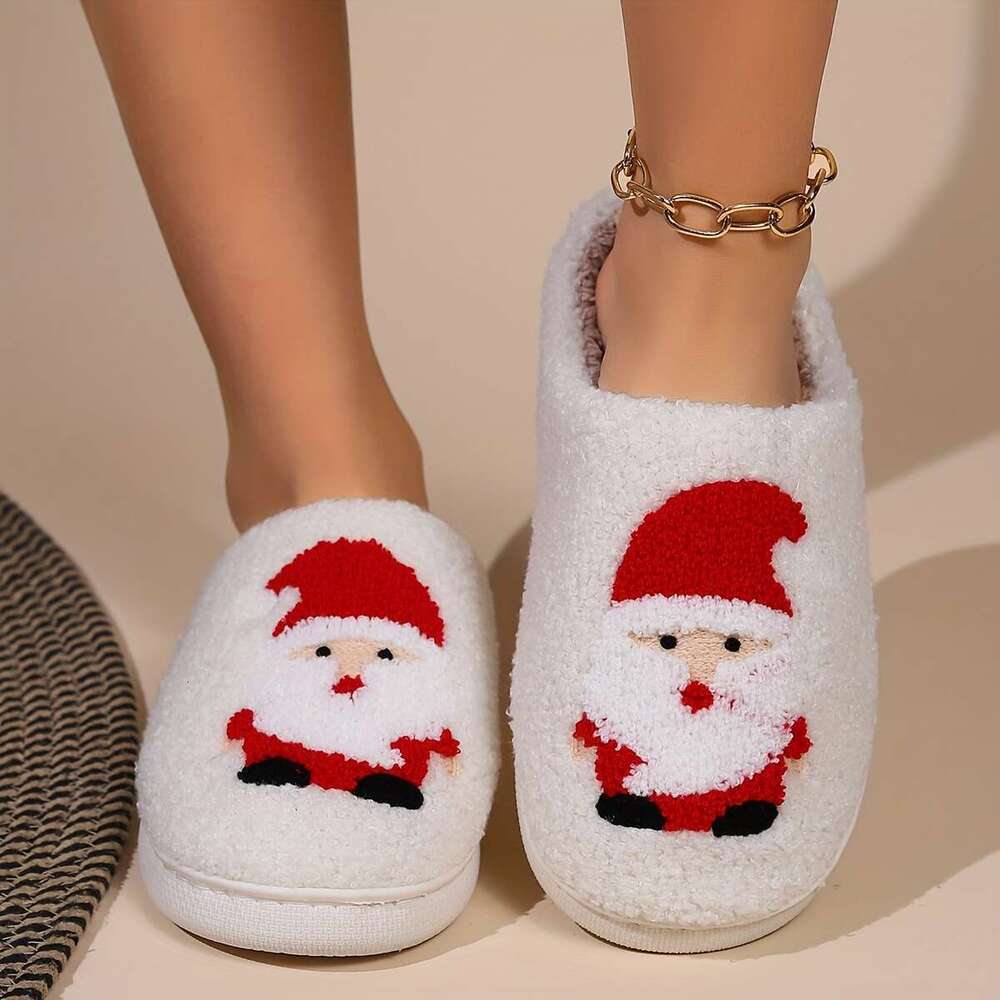 Christmas Winter Warm Closed Toe Fuzzy Christmas Tree Pattern Slippers, Cozy Soft Sole Plush Home Flat or Shoes