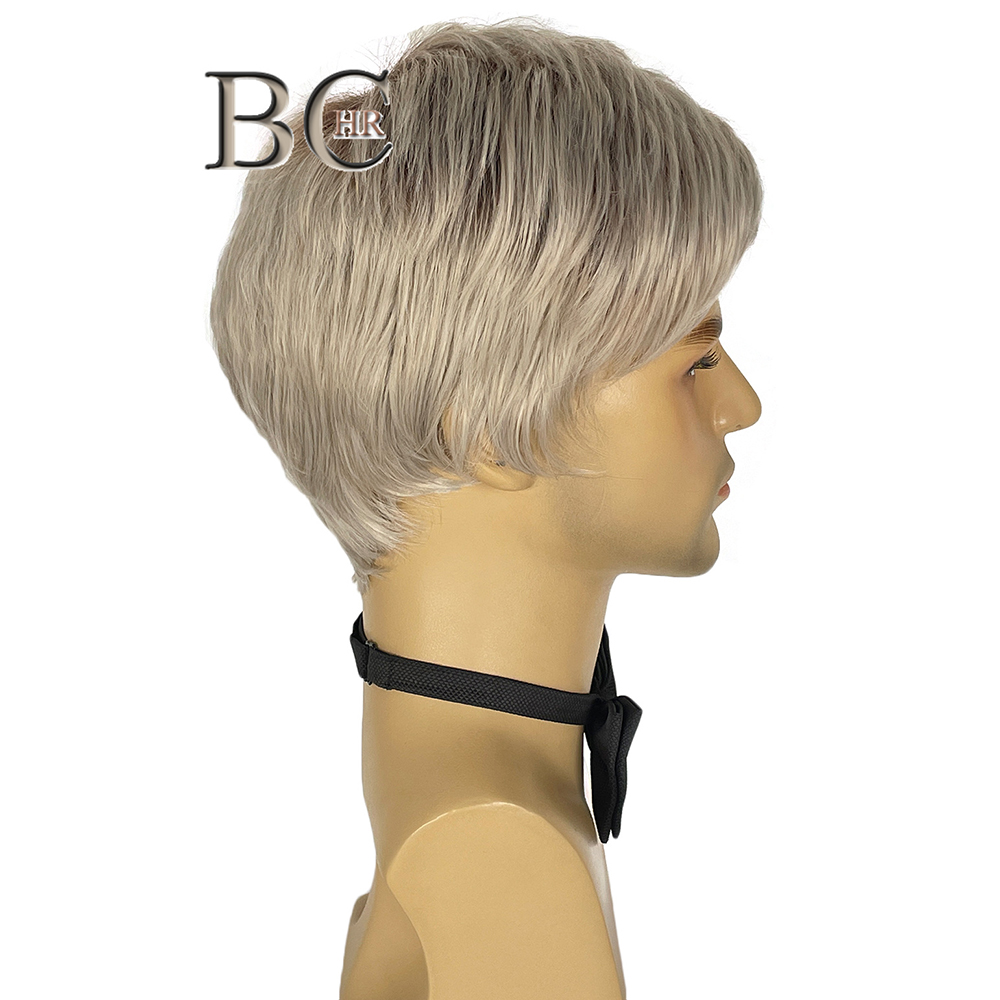 BCHR Short Men Blonde Wigs Synthetic Natural Straight Ombre Brown Roots Side Part Hairline Bangs Male Wig