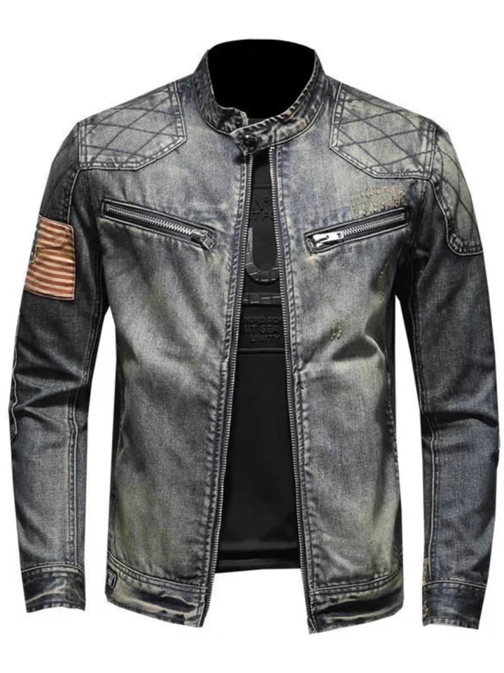mens denim jacket trend retro fashion casual stand up collar zipper jacket handmade cyclist clothing denim top 241108