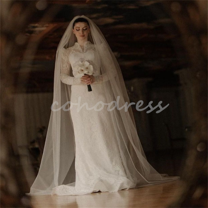 Full Lace Mermaid Wedding Dresses Princess High Neck Long Sleeve Plus Size Garden Bride Dress Floor Length Bridal Dress Gelinlik Vestio De Novia 2025