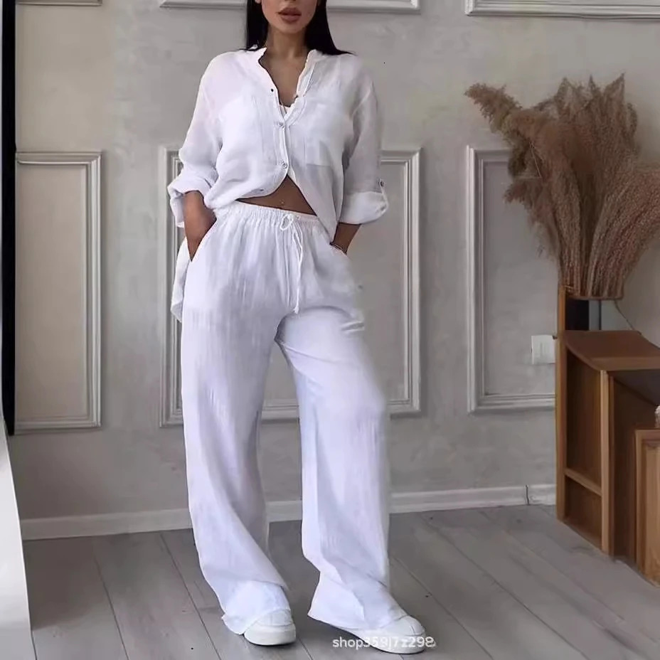 Elegant Women Linen 2 Piece Set Long Sleeve Shirt Wide Leg Pants Plain Color Loungewear Fall Winter Two Piece Matching Outfits 241111
