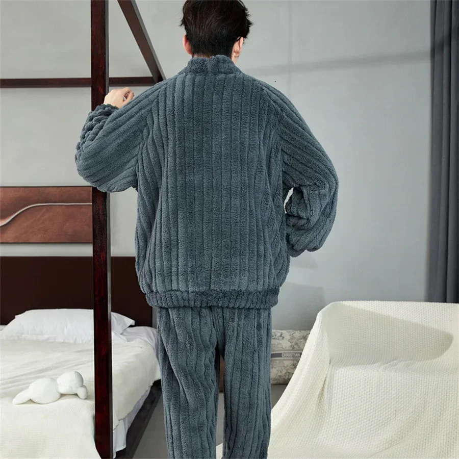 Winter Warm Coral Fleece Men Pajamas Set Fluffy Tops Long Pants Sleepwear for Sleeping 2 Piece Homewear Loungewear 241111