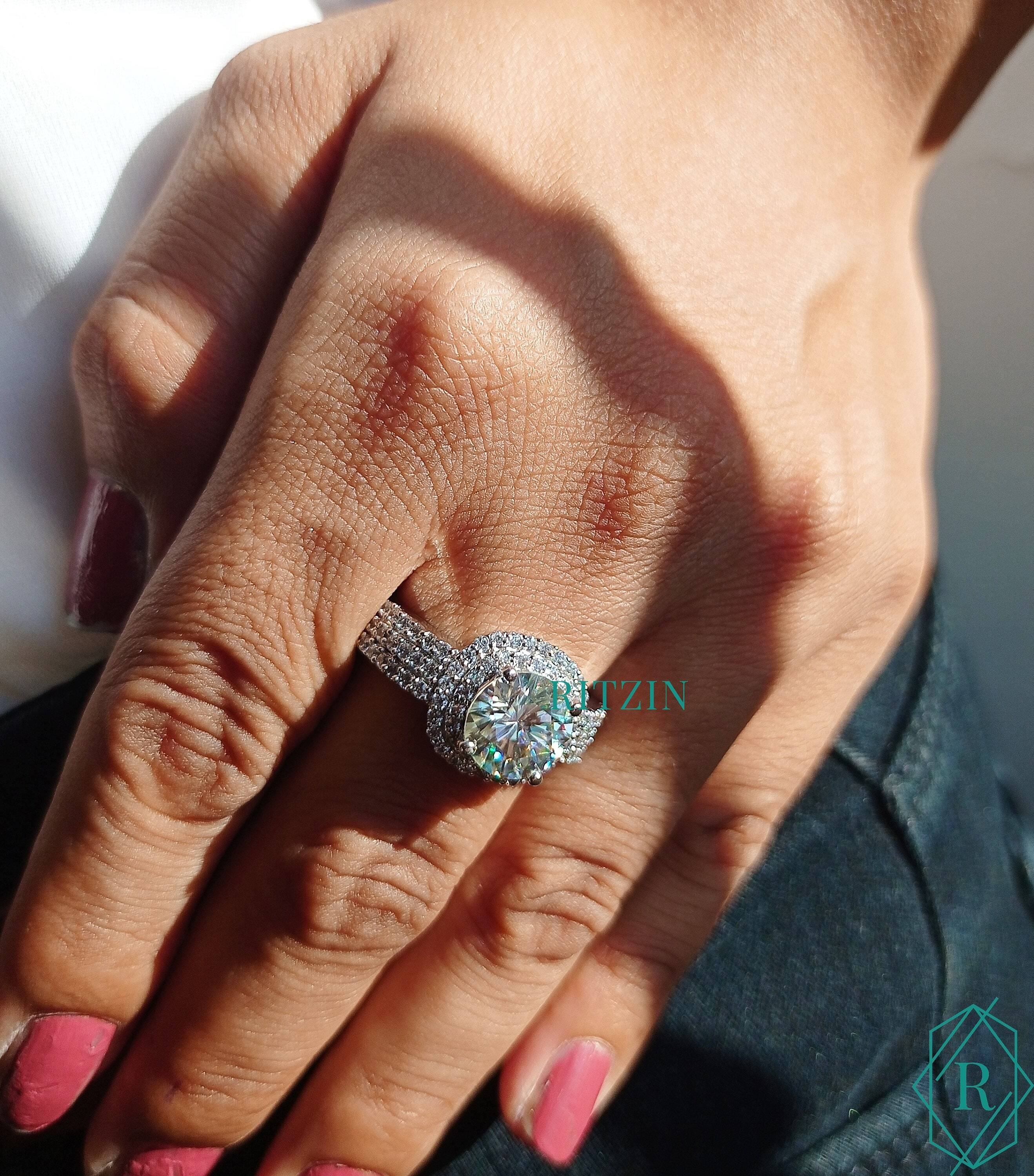 2.00 CT Round Cut Double Halo Moissanite Engagement Ring, Three Shank Ring gorgeous