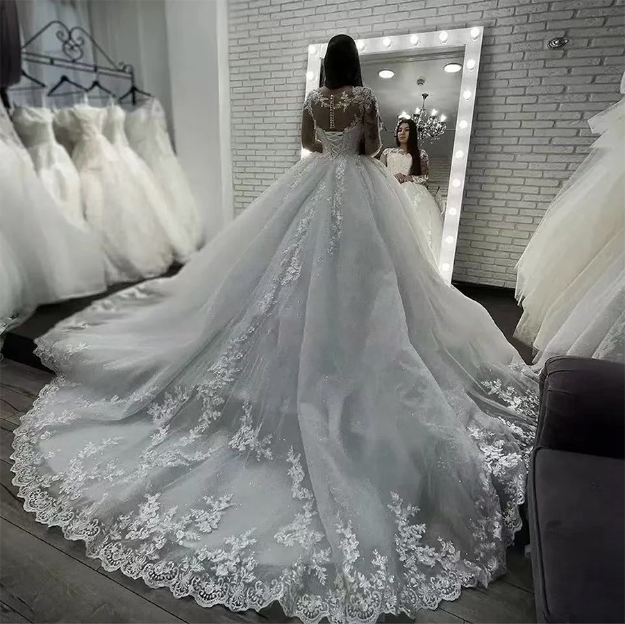 Ivory Illusion Long Sleeves Wedding Dresses 2024 Princess Lace Appliques Beading Ball Gown Bridal Gowns Vestido De Noiva