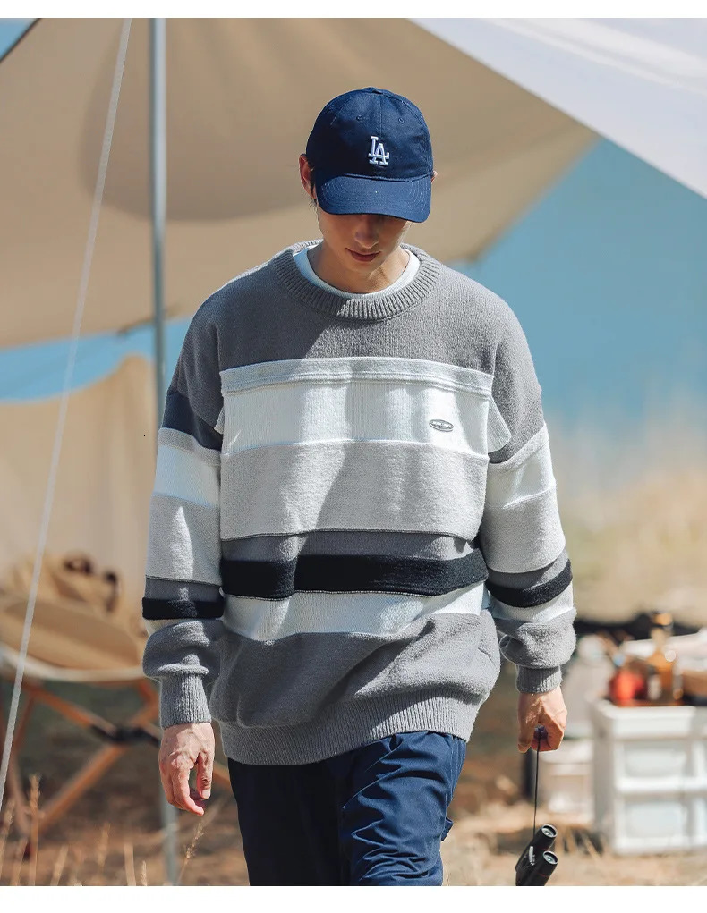 Colorblocking Striped Sweater Mens Autumn Winter Couple Loose Round Neck Bottom Knit Soft Warm 241111