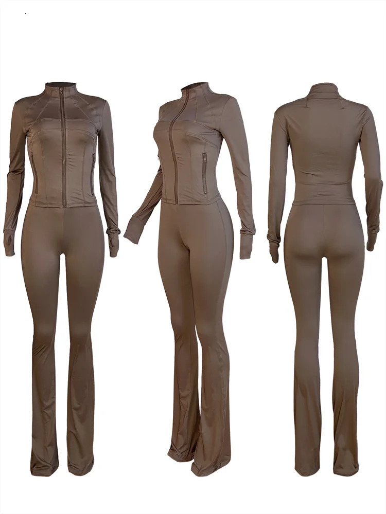 Autumn And Winter Long Sleeves Zipper Crop top Suits Tracksuits Womens Fashion Pants Female Soild 2 Piece Sets 241111
