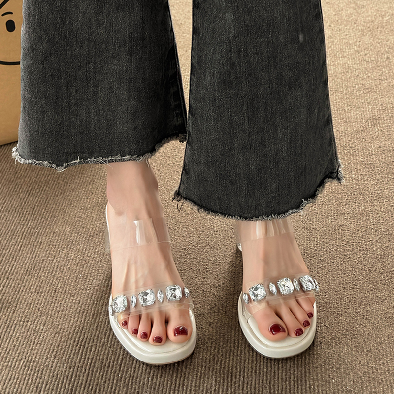 Platform Chunky High Heels Women Summer 2023 New Shiny Crystal Transparent Pvc Sandals Woman Clear Thick Heeled Party Shoes 23c9