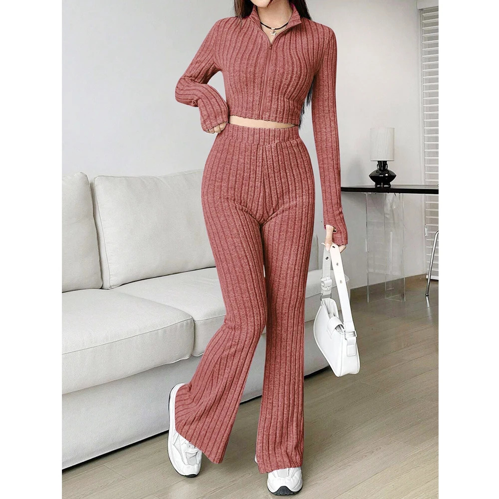 Mia Muse Womens Autumn Simple Solid Color Long Sleeve V-Neck Casual Set And Coordination 241111