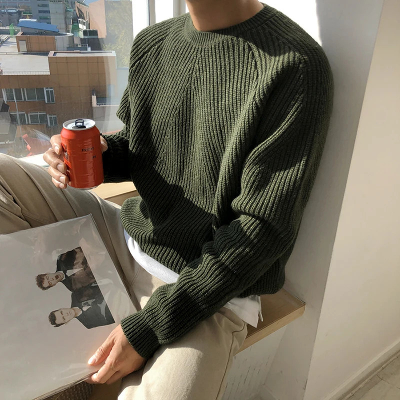Men Pullover Sweater Japan Retro Heavy Solid Color Oneck Knitted Oversize Harajuku Streetwear Casual Knitwear C28 241111
