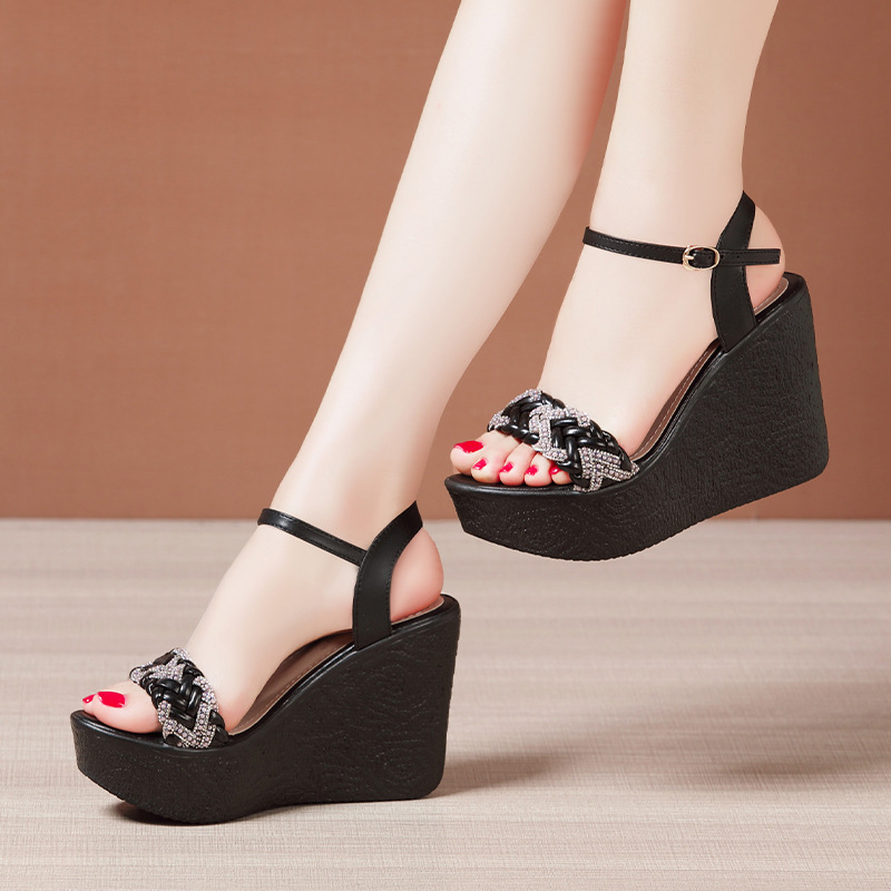 Small Size 32-43 Elegant Rhinestone Platform Wedges Shoes Women 2024 Summer High Heels Sandals Leather Office Model Mom Beach