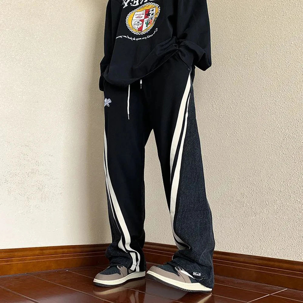 Mens Y2K Tracksuits denim drawstring casual pants street straight pants unisex fashion patchwork comparison jeans hip-hop Trousers 241108
