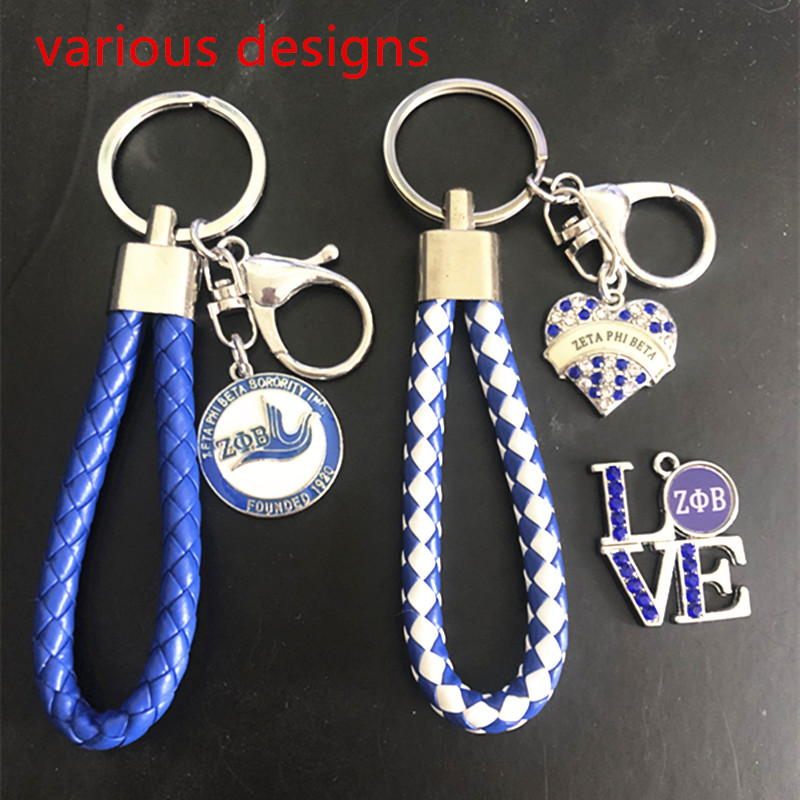 1Pcs Zeta Phi Beta Charm Crystal Pearl Braided Leather Keychain OKC28 DIY Fraternity Sorority Greek Bag Car Accessory KeyRing