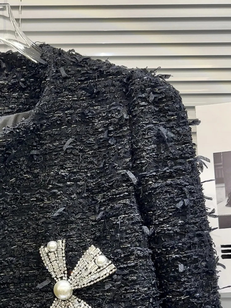 DEAT Fashion Womens Daimonds Bows Shoulder Pad Tweed Caots Autumn Items Oneck Long Sleeves Jackets Female 11XX6643 241111